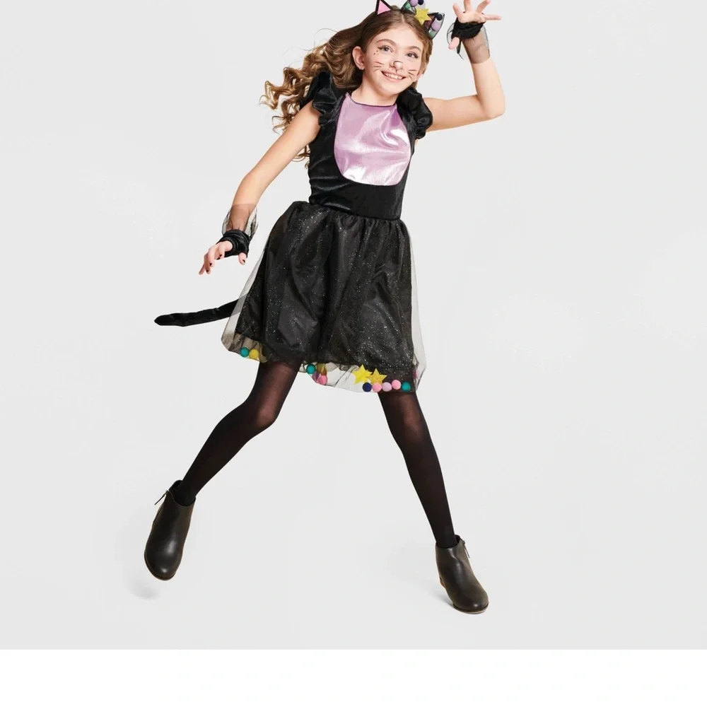 Kids Pom-Pom Black Cat Halloween Costume Pom-Pom Dress & Ears - Large 12-14 New | Color: Black | Size: 12-14 | Besinel's Closet
